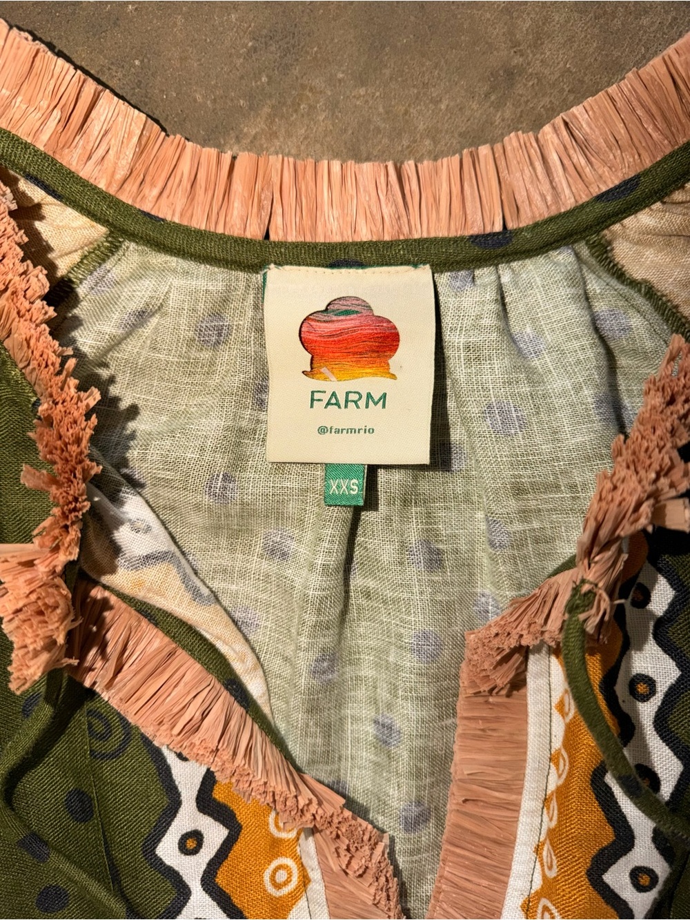 FARM Rio Denilson Baniwa Linen Shift Dress XXS Oversized Raffia Tassel Fringe - Picture 4 of 13